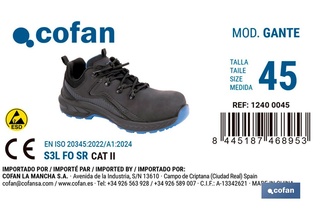 Zapato de seguridad deportivo Gante S3L FO SR ESD | Puntera de composite y plantilla antiperforación | Suela antideslizante | Disponible desde la talla 37 hasta la 47 - Cofan