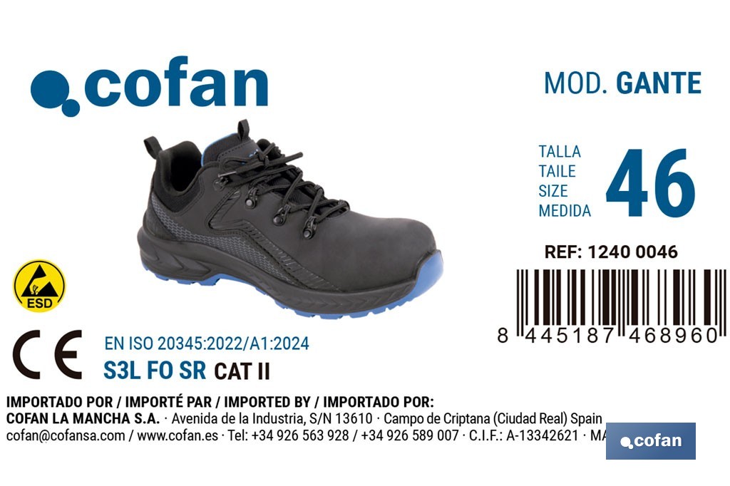 Zapato de seguridad deportivo Gante S3L FO SR ESD | Puntera de composite y plantilla antiperforación | Suela antideslizante | Disponible desde la talla 37 hasta la 47 - Cofan
