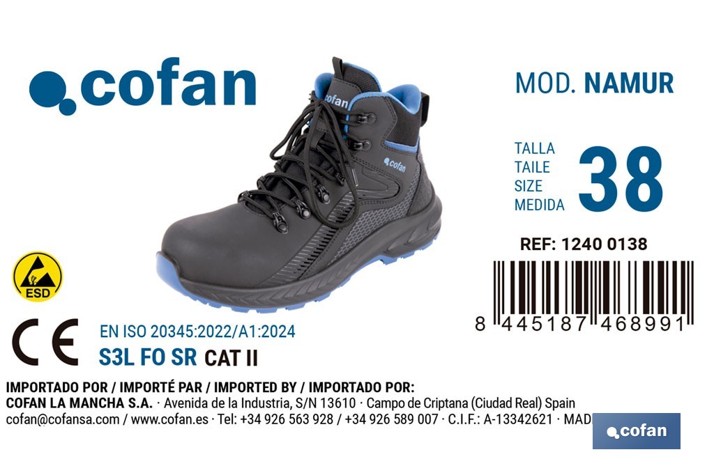 Bota de seguridad deportiva Namur S3L FO SR ESD | Puntera de composite y plantilla antiperforación | Suela antideslizante | Disponible desde la talla 37 hasta la 47 - Cofan
