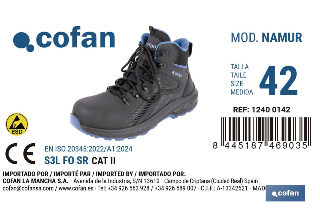Bota de seguridad deportiva Namur S3L FO SR ESD | Puntera de composite y plantilla antiperforación | Suela antideslizante | Disponible desde la talla 37 hasta la 47 - Cofan