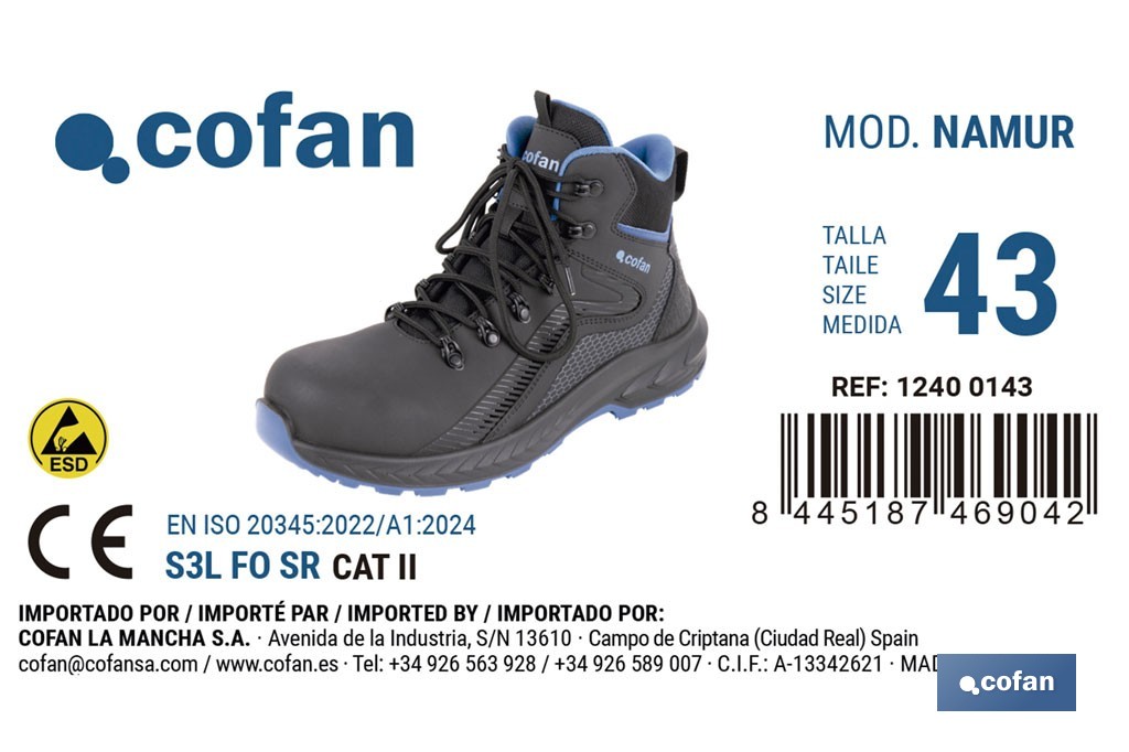 Bota de seguridad deportiva Namur S3L FO SR ESD | Puntera de composite y plantilla antiperforación | Suela antideslizante | Disponible desde la talla 37 hasta la 47 - Cofan