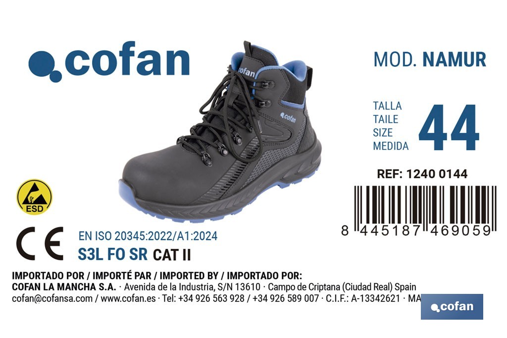 Bota de seguridad deportiva Namur S3L FO SR ESD | Puntera de composite y plantilla antiperforación | Suela antideslizante | Disponible desde la talla 37 hasta la 47 - Cofan