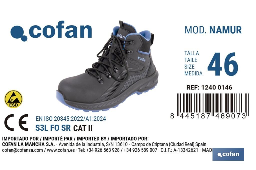 Bota de seguridad deportiva Namur S3L FO SR ESD | Puntera de composite y plantilla antiperforación | Suela antideslizante | Disponible desde la talla 37 hasta la 47 - Cofan