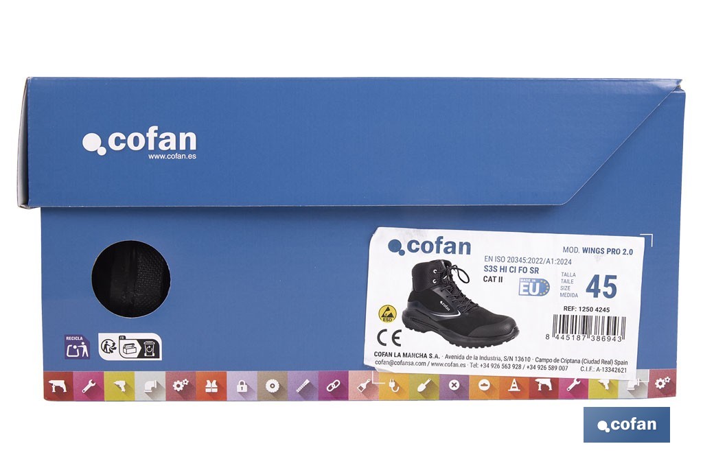 S-3 safety boots, Wings Pro Model | With textile anti-puncture insole Kevlar | Sizes available from 37 to 48 (EU) - Cofan