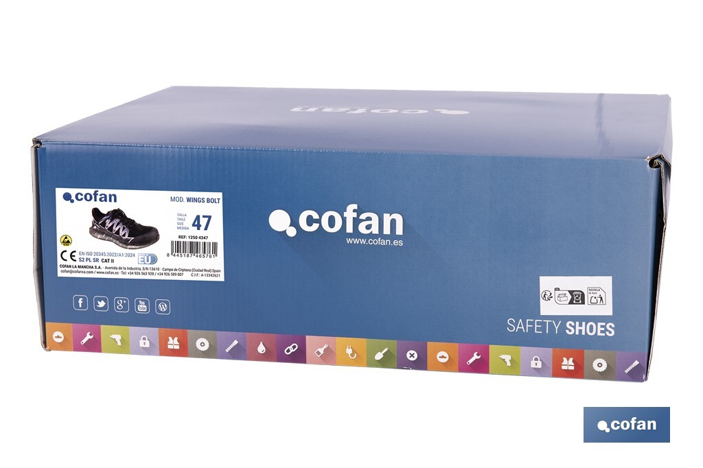 Zapato de seguridad deportivo S2 Wings Bolt | Sin metal | Puntera de composite | Suela antideslizante | Disponible desde la talla 35 hasta la 47 - Cofan