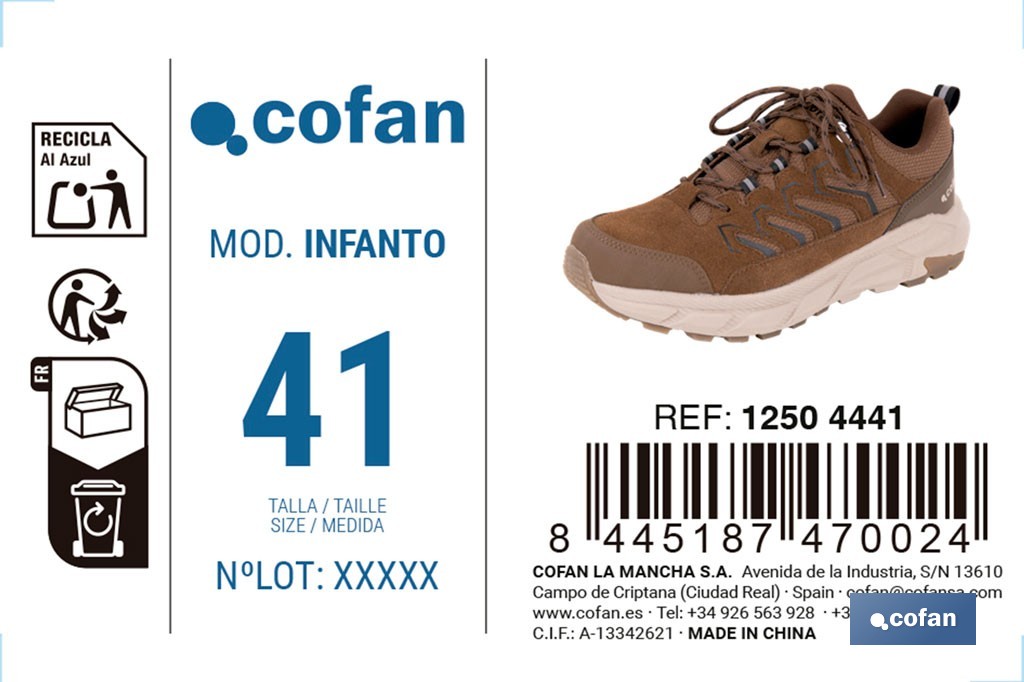 Zapatilla de trekking impermeable Infanto | Piel de serraje con suela de Phylon y TPR | Disponible desde la talla 39 hasta la 46 - Cofan