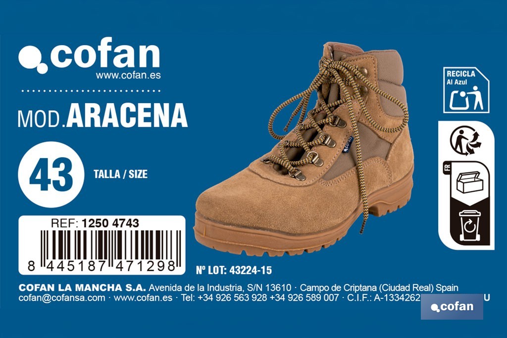 Bota de trekking Aracena con suela antideslizante de caucho | Serraje natural y cierre por cordones | Adecuada para senderismo y media montaña | Disponible desde la talla 38 hasta la 46 - Cofan