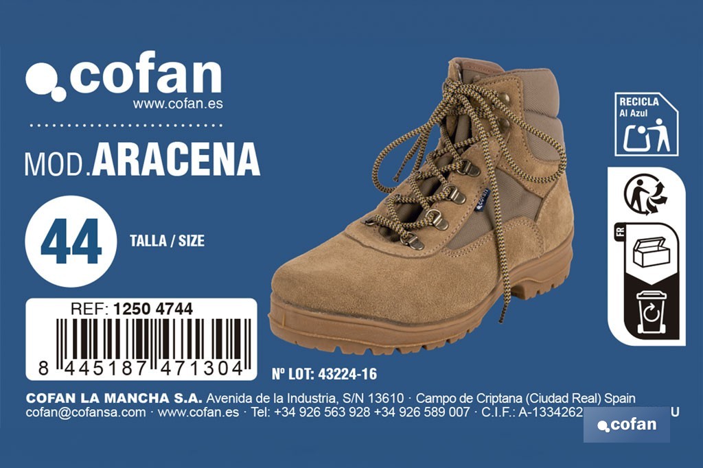 Bota de trekking Aracena con suela antideslizante de caucho | Serraje natural y cierre por cordones | Adecuada para senderismo y media montaña | Disponible desde la talla 38 hasta la 46 - Cofan