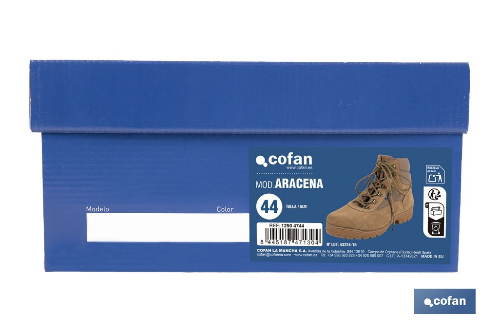 Bota de trekking Aracena con suela antideslizante de caucho | Serraje natural y cierre por cordones | Adecuada para senderismo y media montaña | Disponible desde la talla 38 hasta la 46 - Cofan