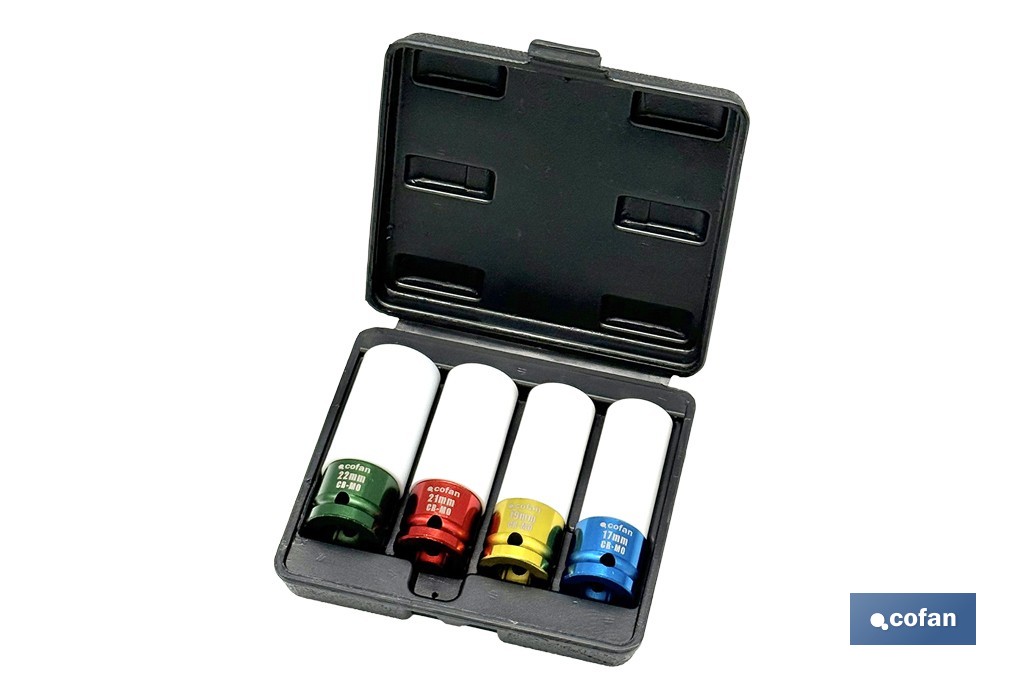 Set de 4 vasos de impacto de 1/2" para ruedas de 17-19-21-22 mm - Cofan