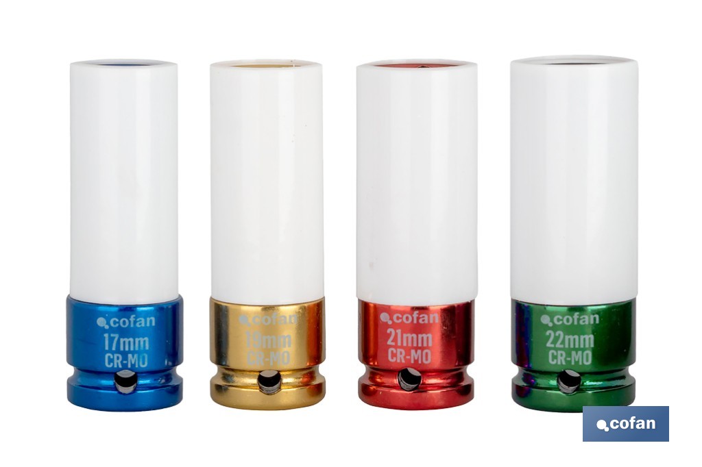 Set de 4 vasos de impacto de 1/2" para ruedas de 17-19-21-22 mm - Cofan