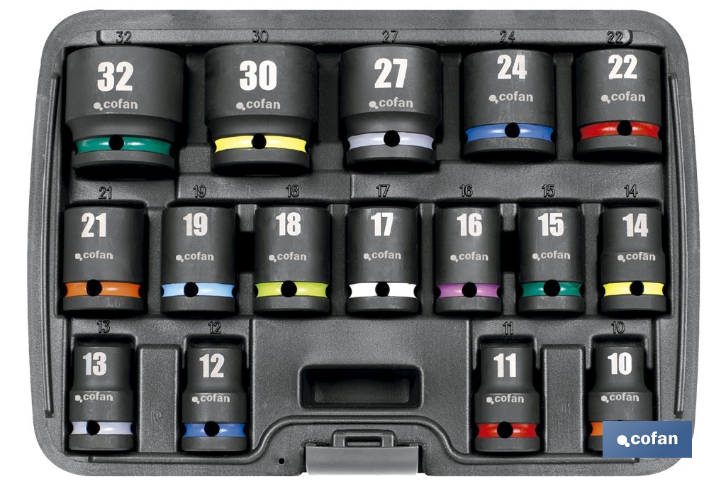 Juego profesional de 16 vasos de impacto cortos con cuadradillo de 1/2" - Cofan