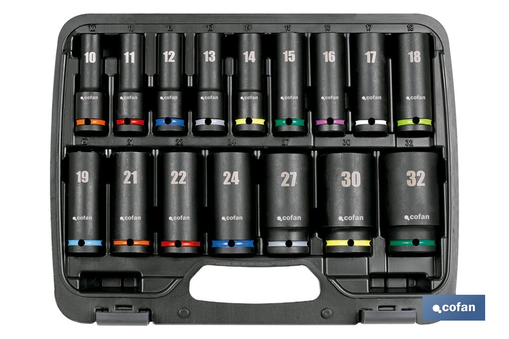 Juego profesional de 16 vasos de impacto largos con cuadradillo de 1/2" - Cofan