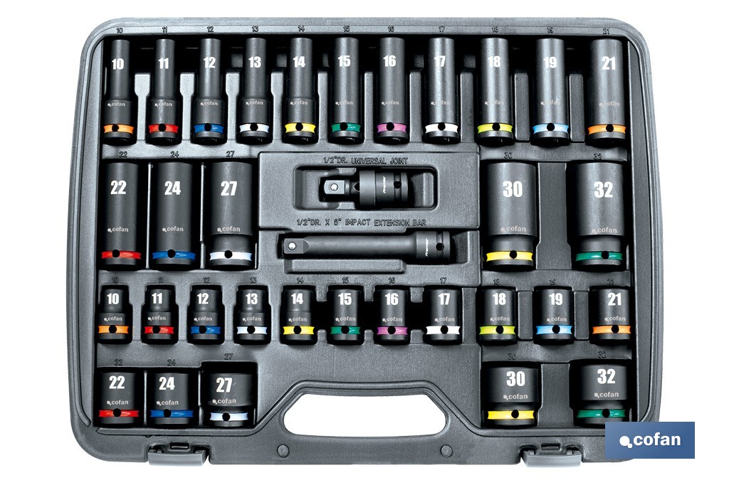 Juego de 34 vasos de impacto 1/2" | 16 vasos cortos y 16 vasos largos (deep) - Cofan