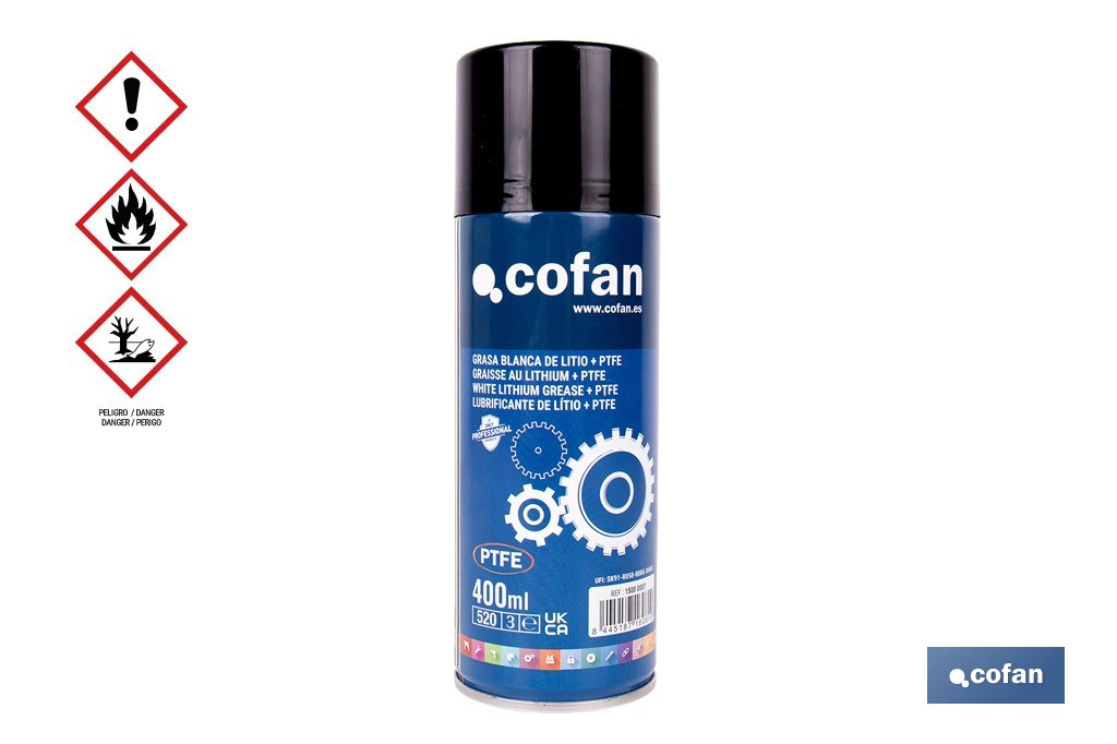 Grasa blanca de litio + PTFE 400 ml | En spray con aditivo de PTFE | Spray de lubricante líquido - Cofan