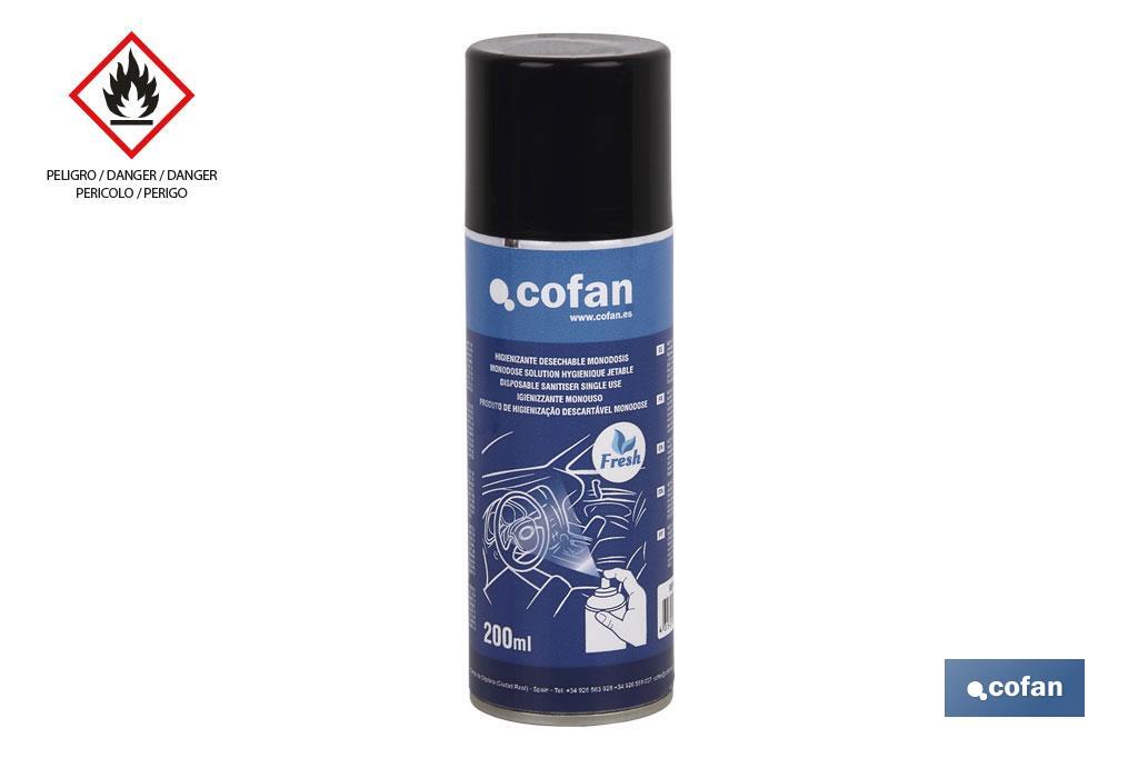 Spray Higienizante Desechable | Monodosis | Capacidad 200 ml | Elimina olores y desinfecta todo tipo de superficies - Cofan