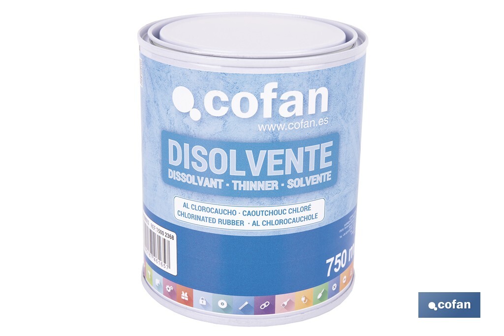 Disolvente clorocaucho | Diluyente para resinas acrílicas termoplásticas | Alta compatibilidad y brochabilidad | No afecta al brillo | Capacidad: 750 ml - Cofan