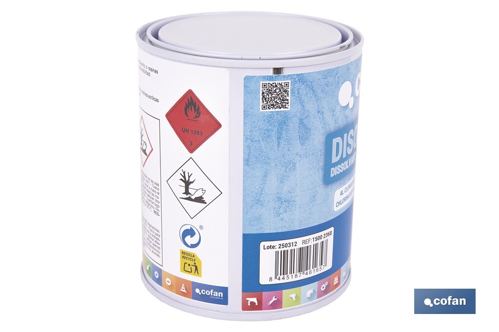Disolvente clorocaucho | Diluyente para resinas acrílicas termoplásticas | Alta compatibilidad y brochabilidad | No afecta al brillo | Capacidad: 750 ml - Cofan
