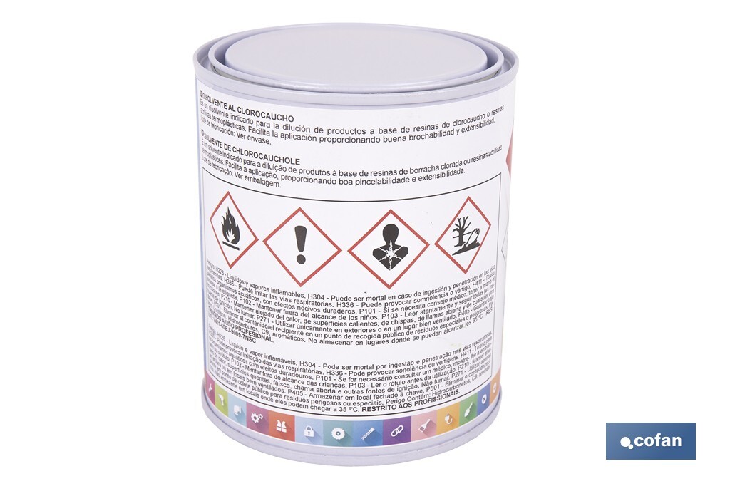 Disolvente clorocaucho | Diluyente para resinas acrílicas termoplásticas | Alta compatibilidad y brochabilidad | No afecta al brillo | Capacidad: 750 ml - Cofan