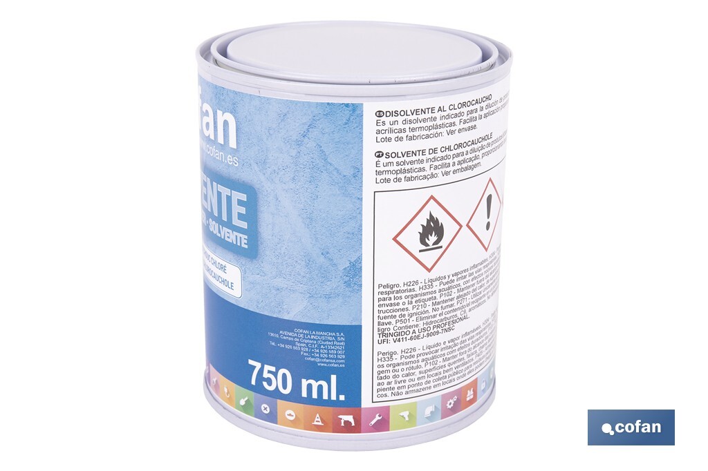 Disolvente clorocaucho | Diluyente para resinas acrílicas termoplásticas | Alta compatibilidad y brochabilidad | No afecta al brillo | Capacidad: 750 ml - Cofan