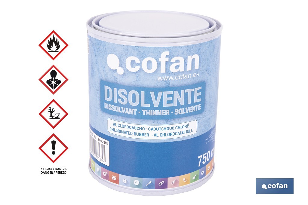 Disolvente clorocaucho | Diluyente para resinas acrílicas termoplásticas | Alta compatibilidad y brochabilidad | No afecta al brillo | Capacidad: 750 ml - Cofan