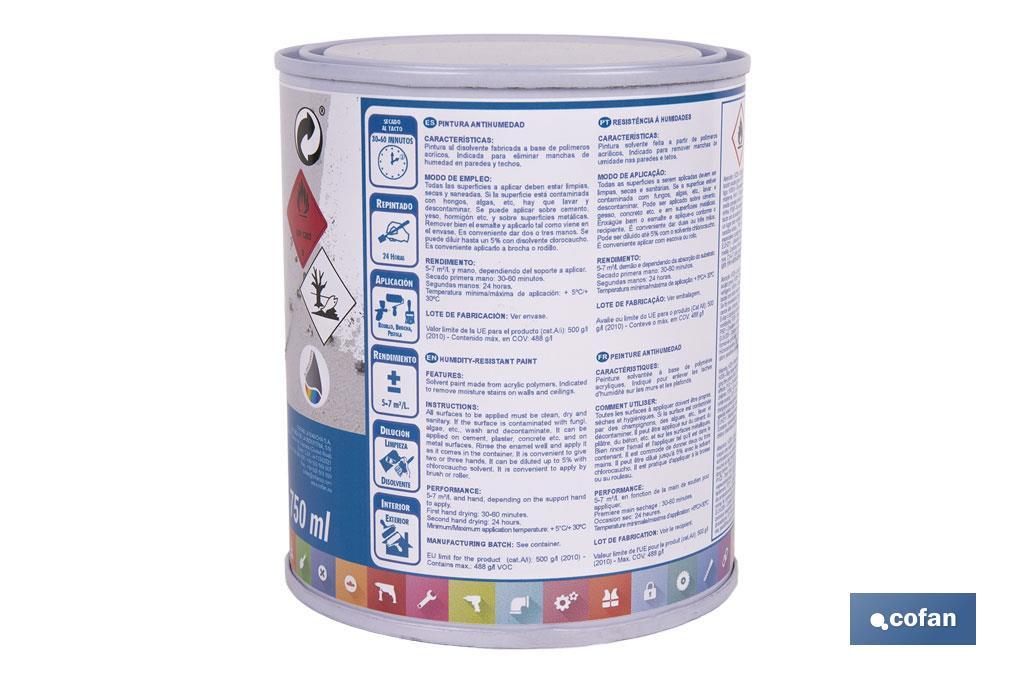 Pintura antihumedad sintética blanca satinada | Protección para paredes y techos | Capacidad: 750 ml y 4 L - Cofan