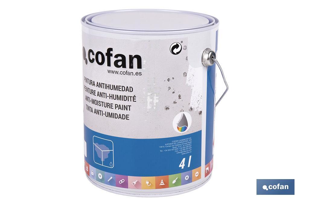 Pintura antihumedad sintética blanca satinada | Protección para paredes y techos | Capacidad: 750 ml y 4 L - Cofan
