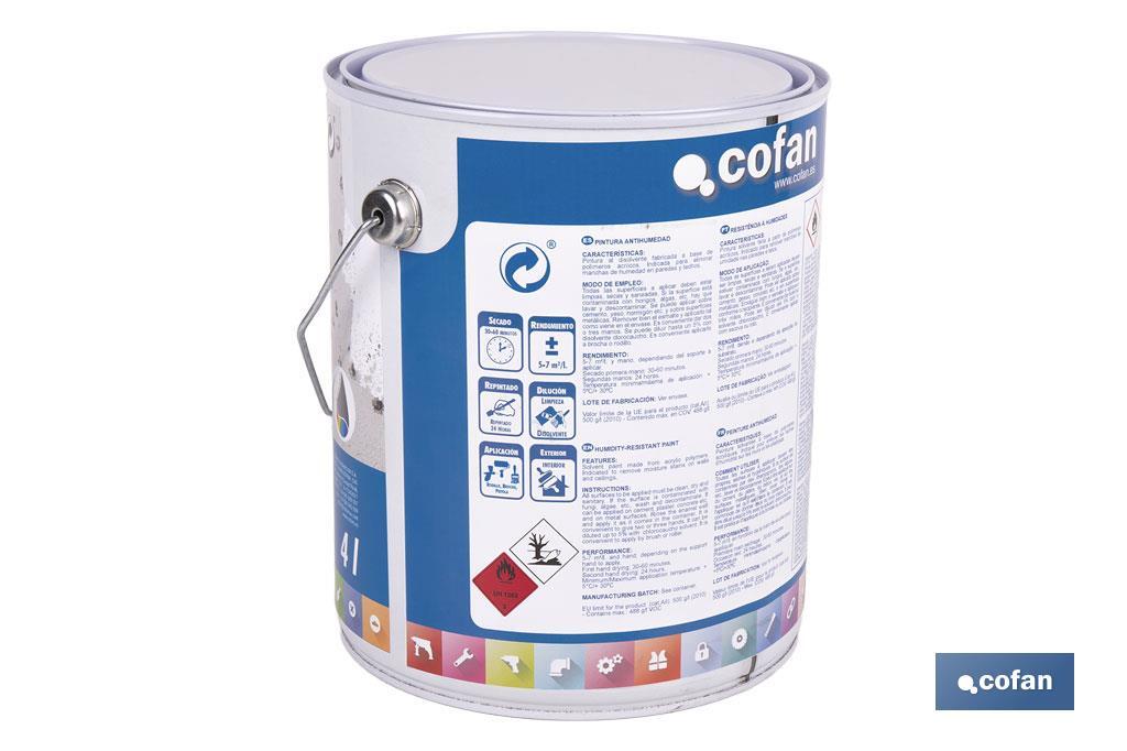 Pintura antihumedad sintética blanca satinada | Protección para paredes y techos | Capacidad: 750 ml y 4 L - Cofan