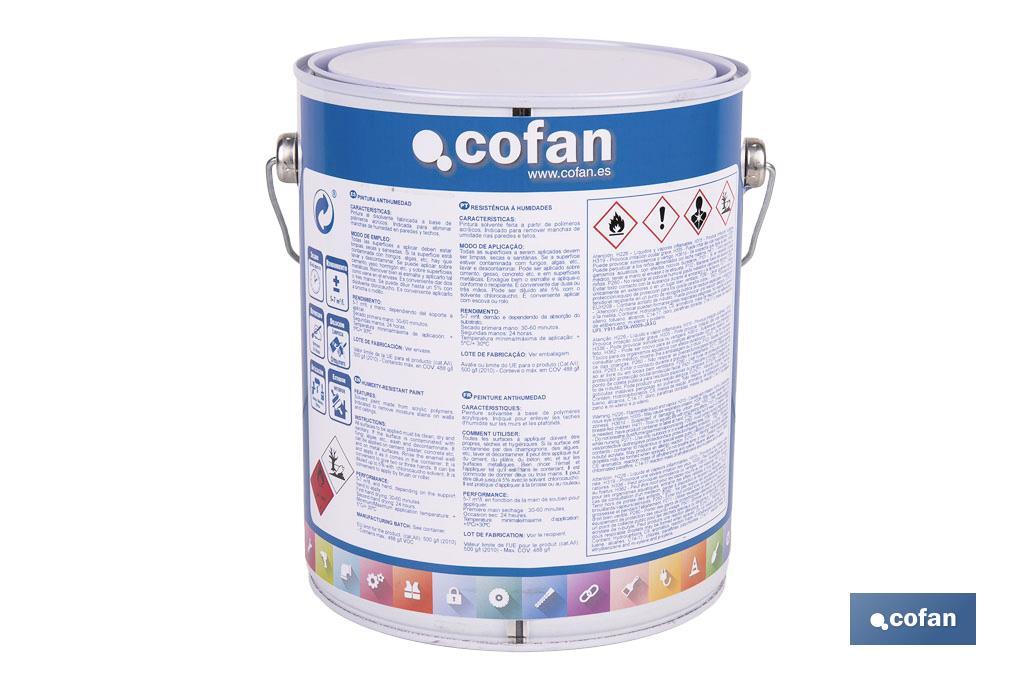 Pintura antihumedad sintética blanca satinada | Protección para paredes y techos | Capacidad: 750 ml y 4 L - Cofan