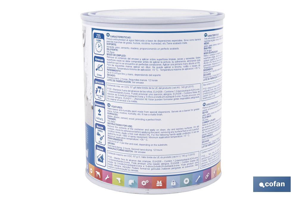 Pintura antihumedad al agua en blanco mate | Solución para paredes y techos | Diferentes capacidades - Cofan