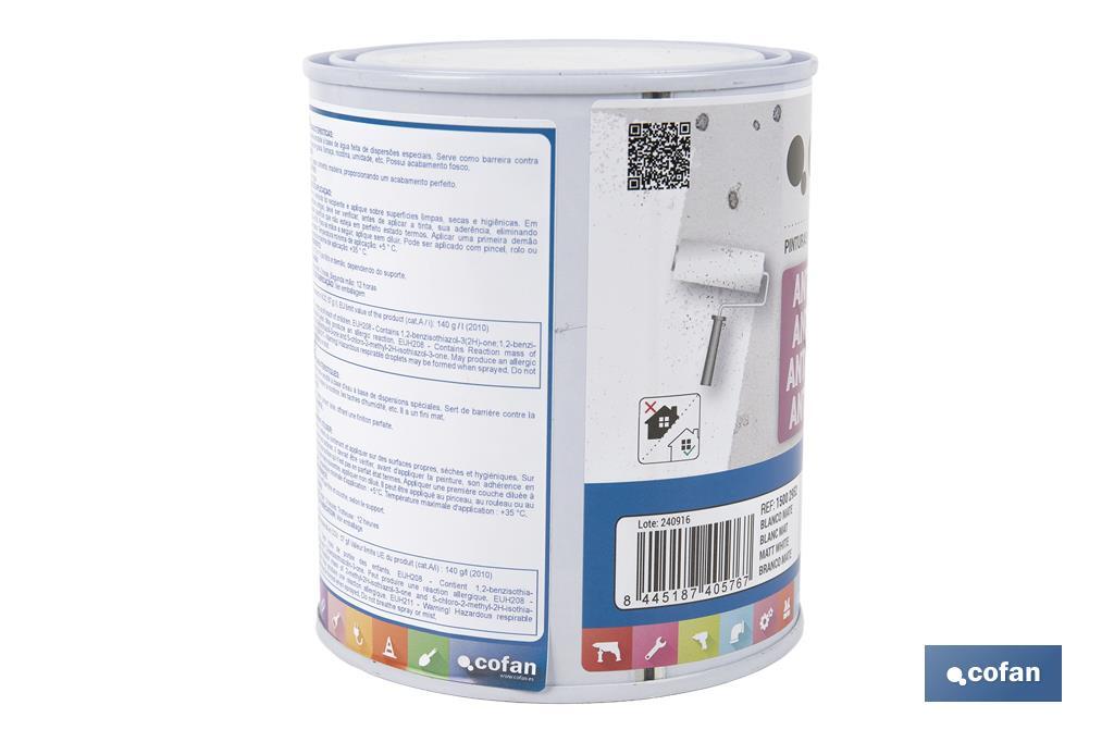 Pintura antihumedad al agua en blanco mate | Solución para paredes y techos | Diferentes capacidades - Cofan