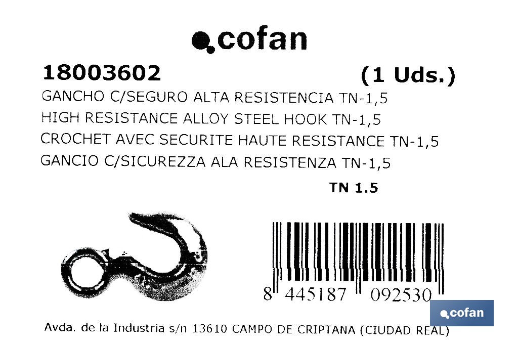 Hook with clasp in high resistance alloy steel - Cofan