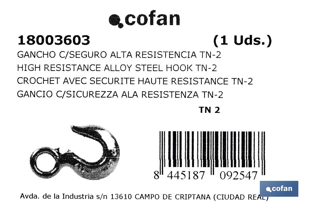 Hook with clasp in high resistance alloy steel - Cofan