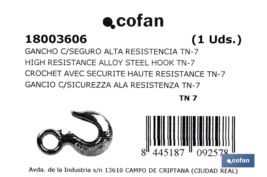 Hook with clasp in high resistance alloy steel - Cofan