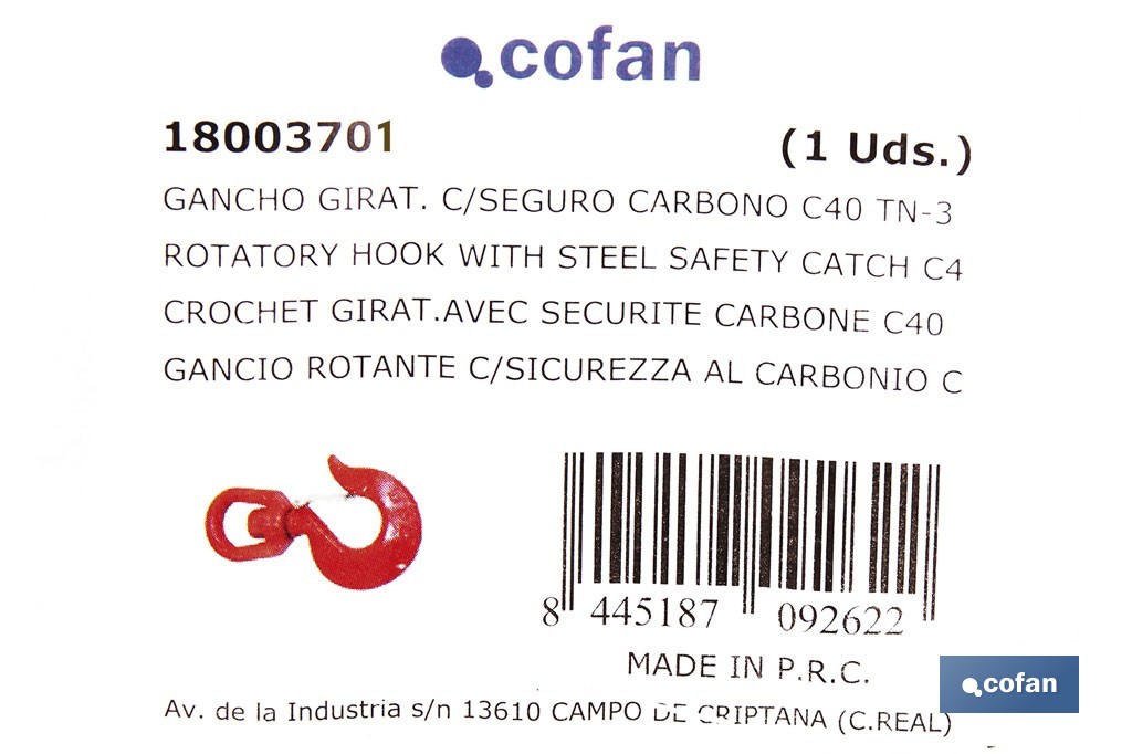 Gancho giratório com trava de segurança aço carbono C40 - Cofan