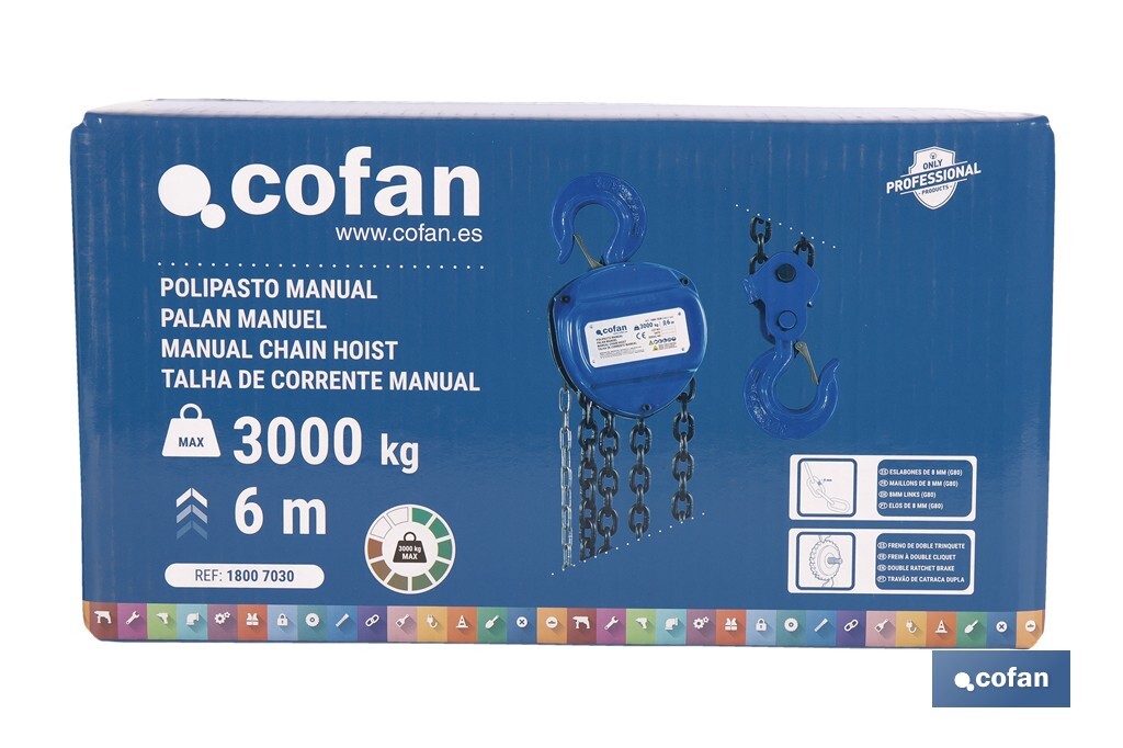 Polipasto de cadena manual | Altura de elevación: 6 m | Color: azul | Gancho resistente | Disponible en varias capacidades de carga - Cofan