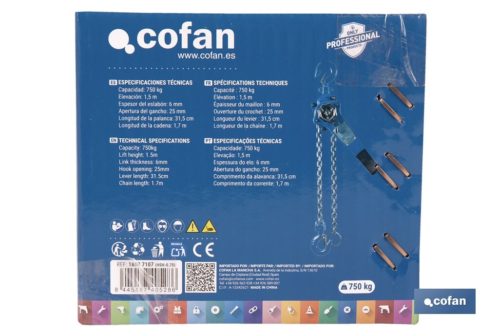 Polipasto manual de palanca | Altura de elevación: 1,5 m | Color: azul | Palanca ergonómica | Gancho resistente | Disponible en varias capacidades de carga - Cofan