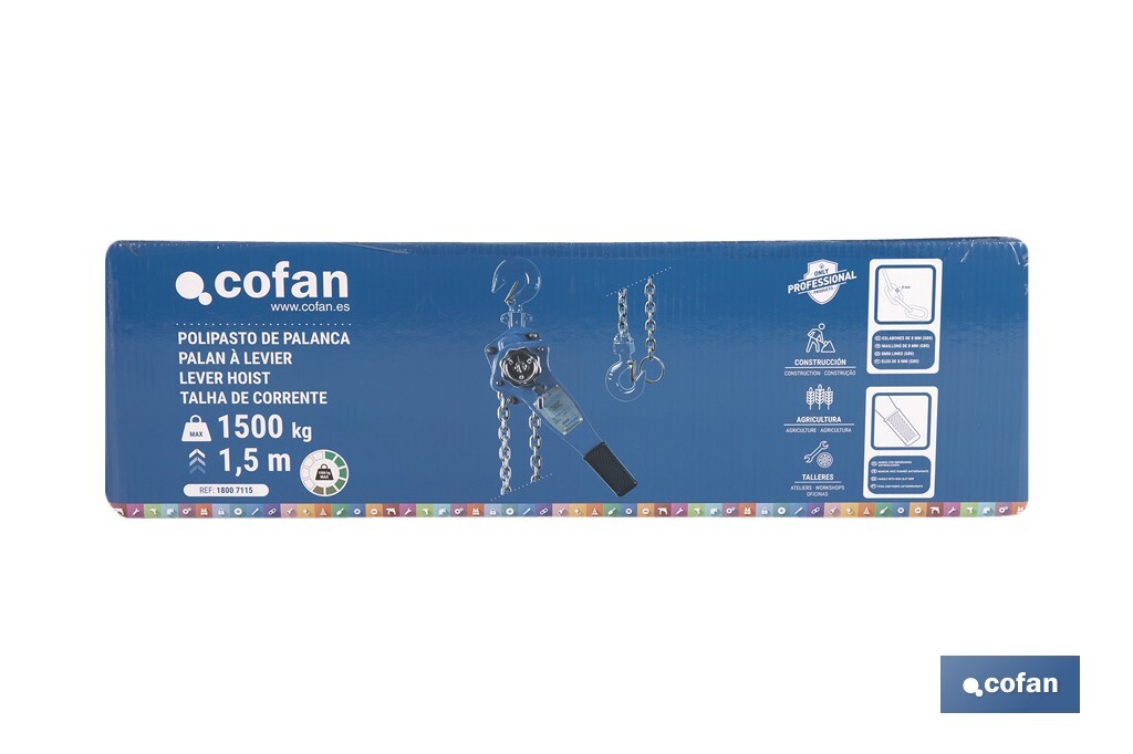 Polipasto manual de palanca | Altura de elevación: 1,5 m | Color: azul | Palanca ergonómica | Gancho resistente | Disponible en varias capacidades de carga - Cofan