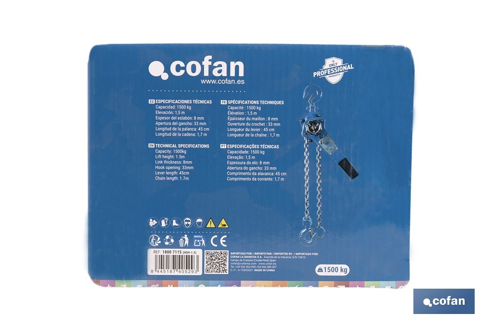 Polipasto manual de palanca | Altura de elevación: 1,5 m | Color: azul | Palanca ergonómica | Gancho resistente | Disponible en varias capacidades de carga - Cofan