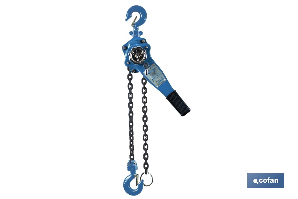 Polipasto manual de palanca | Altura de elevación: 1,5 m | Color: azul | Palanca ergonómica | Gancho resistente | Disponible en varias capacidades de carga - Cofan