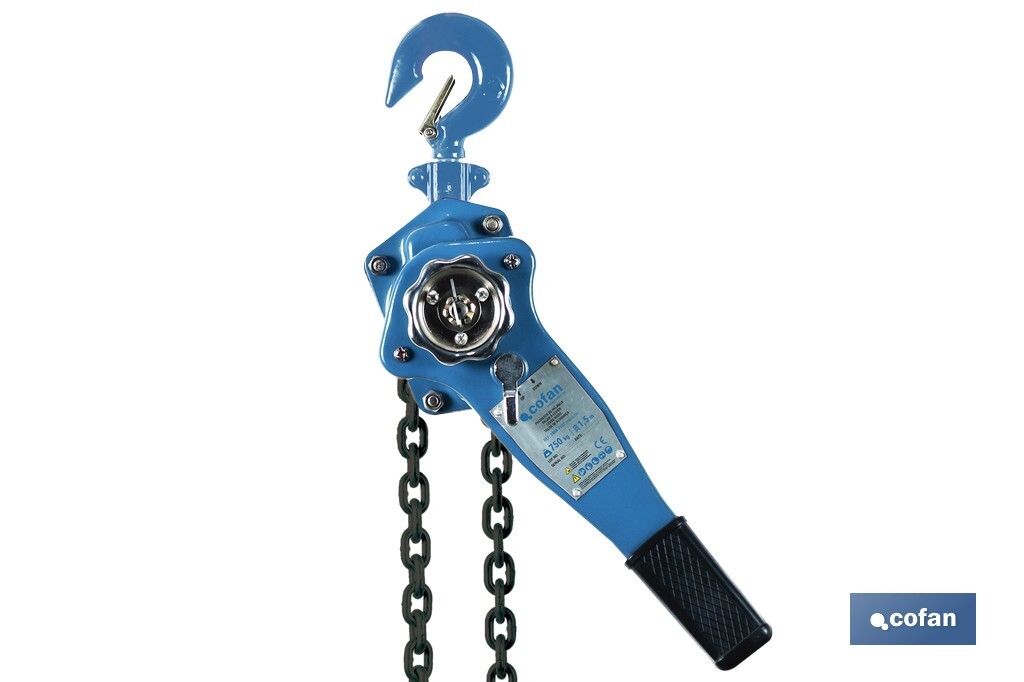 Polipasto manual de palanca | Altura de elevación: 1,5 m | Color: azul | Palanca ergonómica | Gancho resistente | Disponible en varias capacidades de carga - Cofan