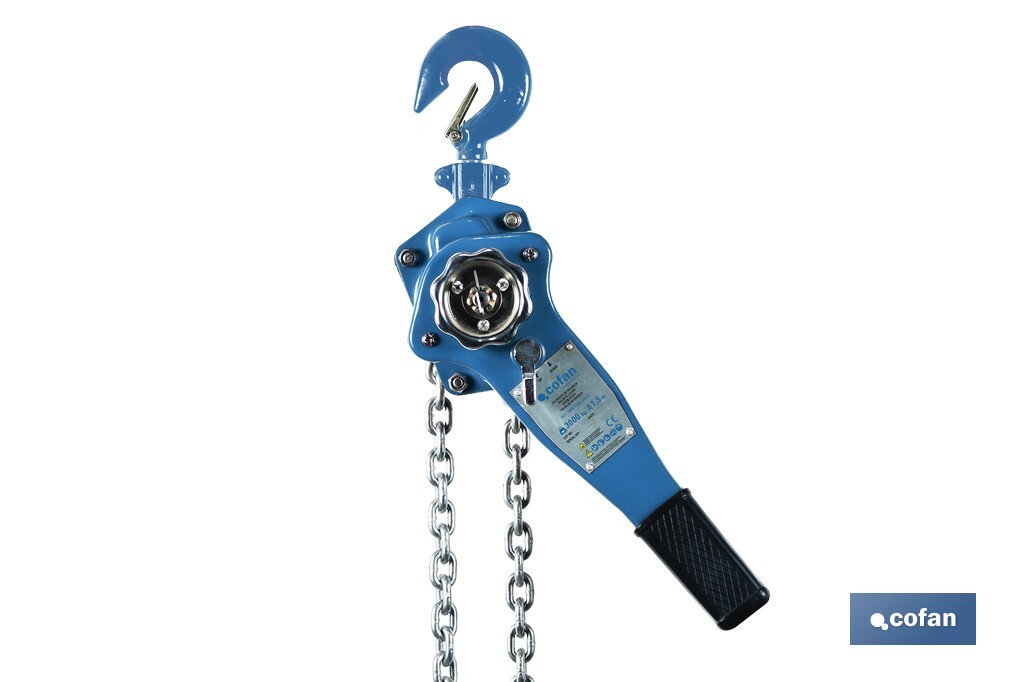 Polipasto manual de palanca | Altura de elevación: 1,5 m | Color: azul | Palanca ergonómica | Gancho resistente | Disponible en varias capacidades de carga - Cofan