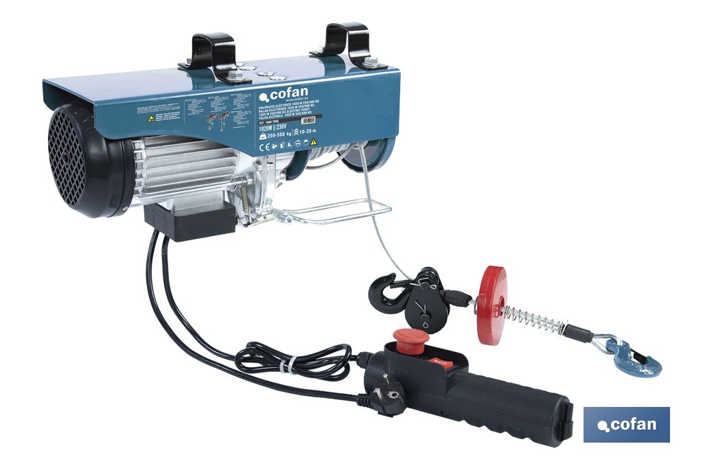 Polipasto eléctrico con parada de emergencia | Altura de elevación: 10/20 m | Protección IP54 | Incluye mando | Disponible en diferentes capacidades de carga - Cofan