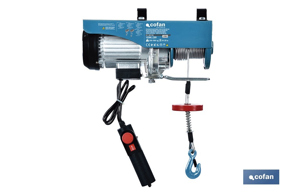 Polipasto eléctrico con parada de emergencia | Altura de elevación: 10/20 m | Protección IP54 | Incluye mando | Disponible en diferentes capacidades de carga - Cofan