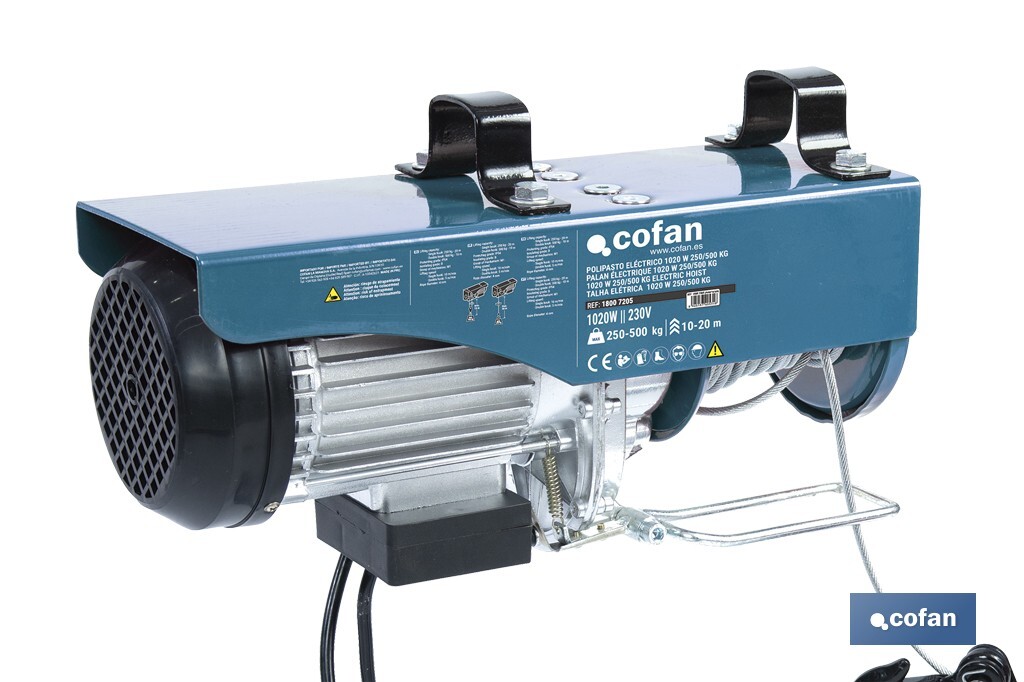 Polipasto eléctrico con parada de emergencia | Altura de elevación: 10/20 m | Protección IP54 | Incluye mando | Disponible en diferentes capacidades de carga - Cofan