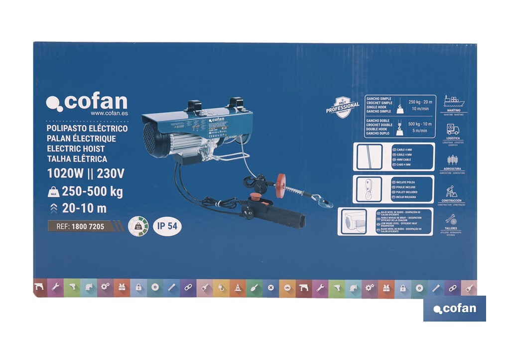 Polipasto eléctrico con parada de emergencia | Altura de elevación: 10/20 m | Protección IP54 | Incluye mando | Disponible en diferentes capacidades de carga - Cofan