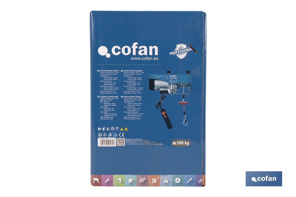 Polipasto eléctrico con parada de emergencia | Altura de elevación: 10/20 m | Protección IP54 | Incluye mando | Disponible en diferentes capacidades de carga - Cofan