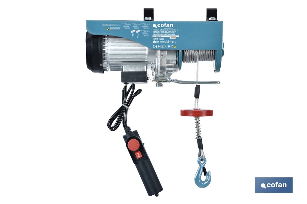 Polipasto eléctrico con parada de emergencia | Altura de elevación: 10/20 m | Protección IP54 | Incluye mando | Disponible en diferentes capacidades de carga - Cofan