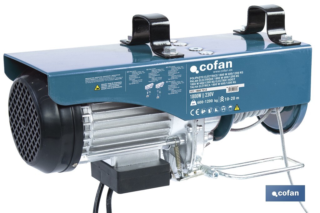 Polipasto eléctrico con parada de emergencia | Altura de elevación: 10/20 m | Protección IP54 | Incluye mando | Disponible en diferentes capacidades de carga - Cofan