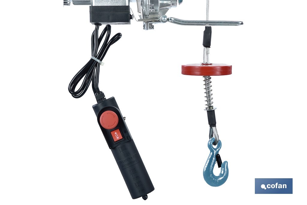 Polipasto eléctrico con parada de emergencia | Altura de elevación: 10/20 m | Protección IP54 | Incluye mando | Disponible en diferentes capacidades de carga - Cofan